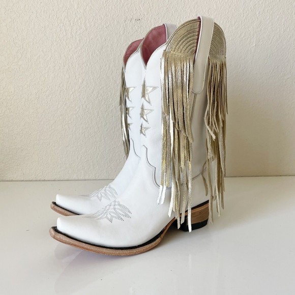 Junk Gypsy Womens Boots Sz 7.5 White Silver Stars Snip Toe Fringe Shortie Zipper - Picture 6 of 12